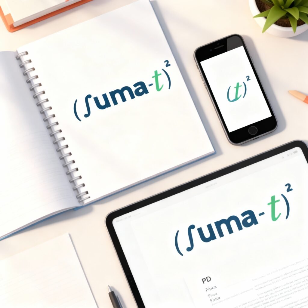 Mesa de estudio vista desde arriba con un cuaderno, smartphone y tablet, todos mostrando el logo de Suma-T y materias escolares.