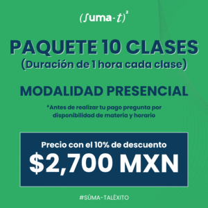 Imagen promocional de las asesorías individuales con duración de 10 horas con elementos académicos y el logo de Suma-T.