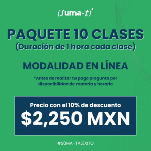 Imagen promocional de las asesorías individuales con duración de 10 horas con elementos académicos y el logo de Suma-T.