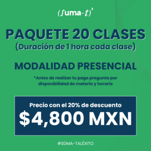 Imagen promocional de las asesorías individuales con duración de 20 horas con elementos académicos y el logo de Suma-T.