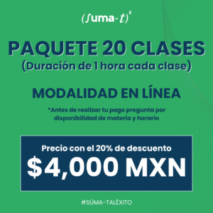 Imagen promocional de las asesorías individuales con duración de 20 horas con elementos académicos y el logo de Suma-T.