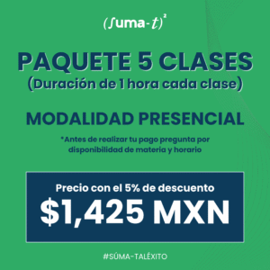 Imagen promocional de las asesorías individuales con duración de 5 horas con elementos académicos y el logo de Suma-T.