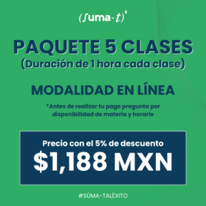 Imagen promocional de las asesorías individuales con duración de 5 horas con elementos académicos y el logo de Suma-T.