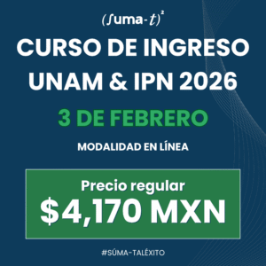 Imagen promocional del Curso virtual UNAM & IPN 2026 Semi-Intensivo, con elementos académicos y el logo de Suma-T.
