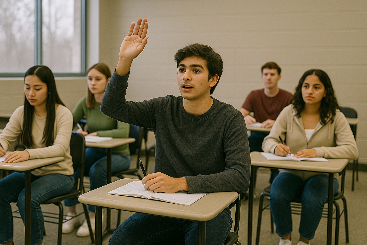 Estudiante levantando la mano en clase de preparación Suma-T, participando en sesión de dudas.