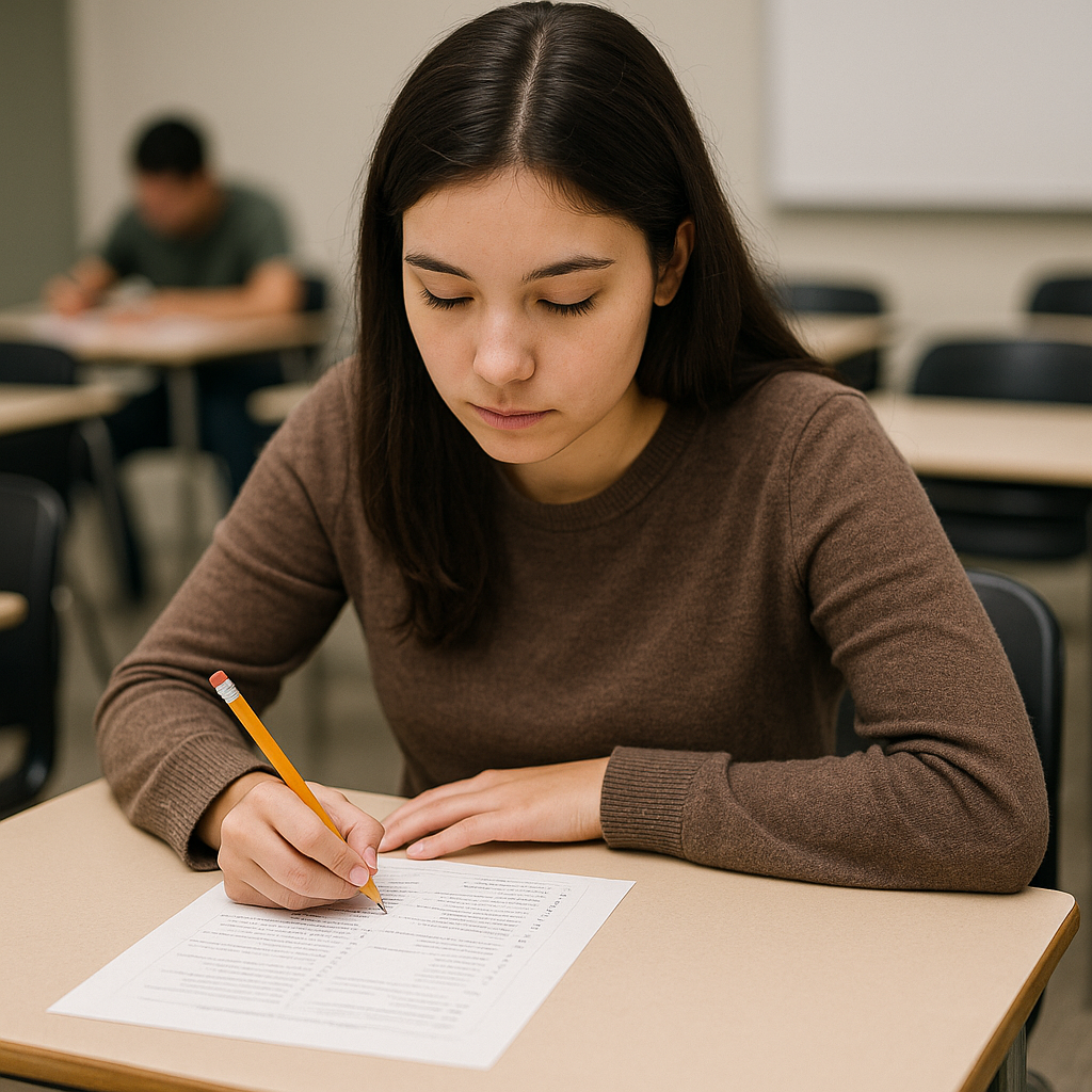 Estudiante realizando un examen simulacro presencial