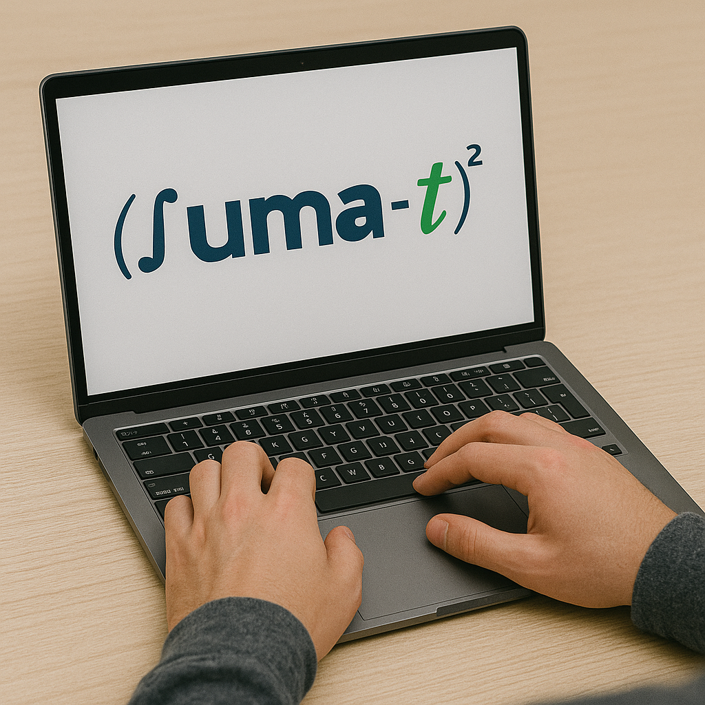 Estudiante usando laptop para clases en línea y material de Suma-T